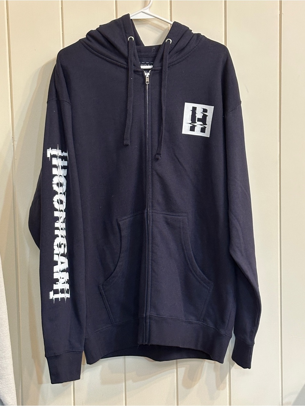 Men's Black Full-Zip Hoodie with White Chest Logo and Sleeve Text